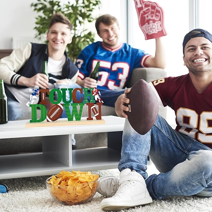 COCHIE Metal Football Touch Down Sign, Green Super Football Bowl Game Party Decorations for Home, Office, Shelf, Mantel, Indoor, Touch Down Table Toppers Decor (Superbowl)
