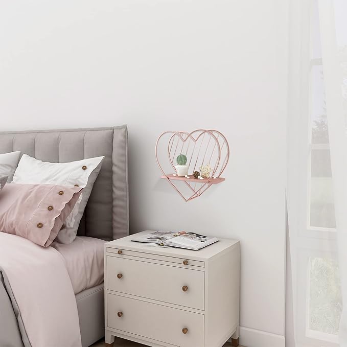 Afuly Floating Shelves for Wall, Cute Heart Wall Shelf Pink Funky Organizer Small Hanging Trinket Storage Aesthetic Room Decor for Bedroom Bathroom Hallway Entryway Vanity, Rose Gold