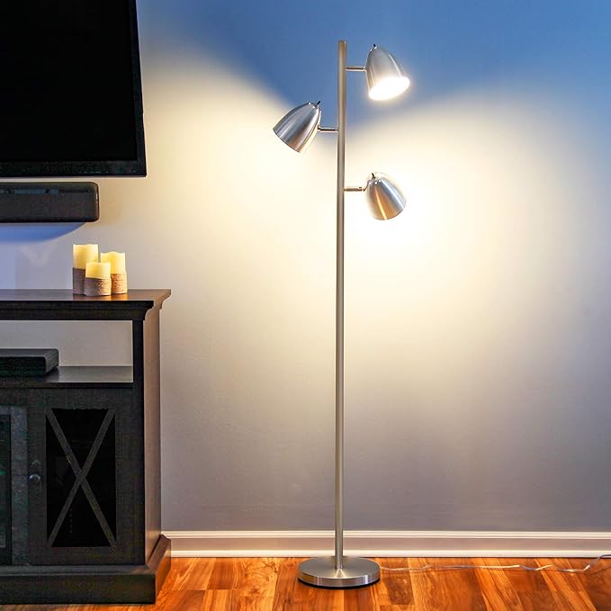 Brightech Jacob LED Standing Lamp, Modern Bright Floor Lamps for Living Rooms & Bedrooms, Tall LED Lighting Lamp with Adjustable 3 Light Tree – Satin Nickel