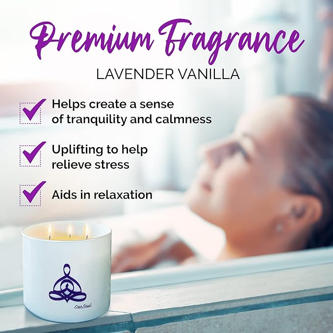 Large Lavender Vanilla Candle, Scented Candles for Home, Hand-Poured Aromatherapy Large 3 Wick Candle for 50-Hour Burn Time, 14oz - OneSoul Collection