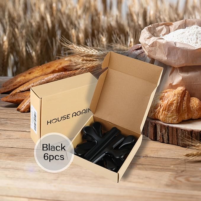 HOUSE AGAIN 6 Pack Stainless Steel Chip Bag Clips Covered with Silicone - NO More Sharp Edges - Color Coded for Food Bags - Air Tight Seal, Heavy Duty for Kitchen and Office, 5 Inches-Black