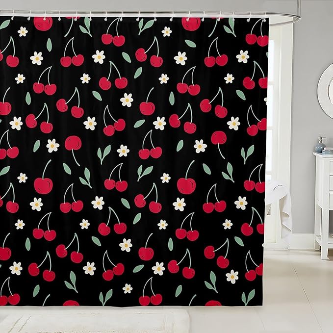Feelyou Cherry Shower Curtain Fruits Fabric Shower Curtain for Kids Boys Girls Floral Flowers Bathroom Waterproof Accessories with 12 Hooks Black and Red Curtains,72X78 Inches