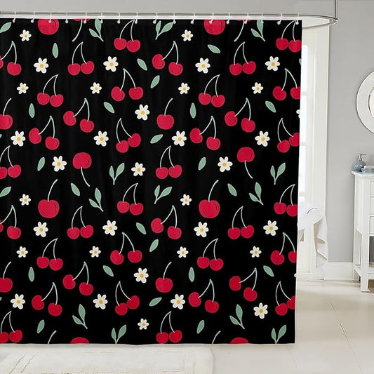 Feelyou Cherry Shower Curtain Fruits Fabric Shower Curtain for Kids Boys Girls Floral Flowers Bathroom Waterproof Accessories with 12 Hooks Black and Red Curtains,72X78 Inches