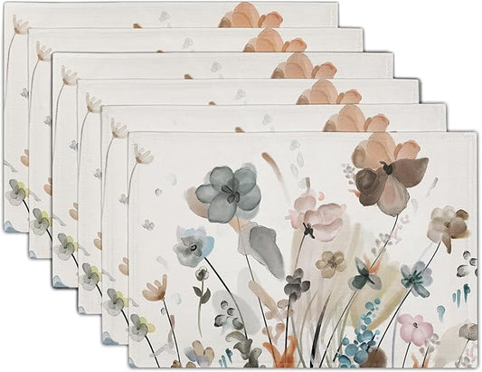 Brown Cream Grey Teal Floral Placemats Set of 6 Watercolor Flowers Place Mats Washable Dining Rustic Abstract Floral Farmhouse Linen Table Mats Stain Heat-Resistant Cloth Table Mat Decor 12x18 in