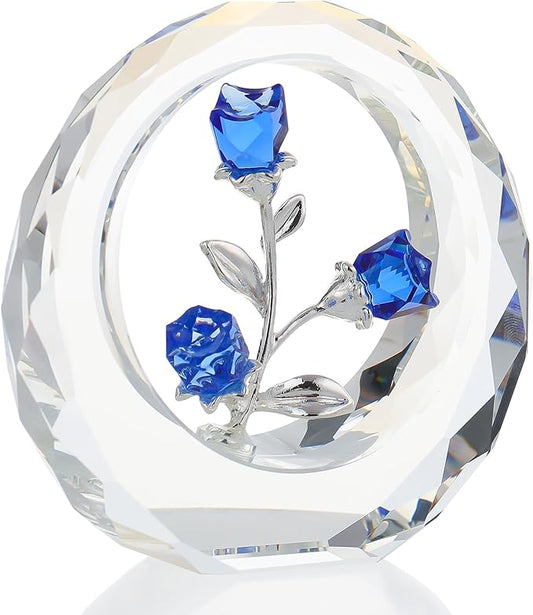 Crystal Blue Rose Bouquet Figurines Glass Flowers with Stems Valentines Anniversary Rose Gifts for Girlfriend Wife, Blue Crystal Rose in Glass Ring Collectible Figurines Forever Roses Decor