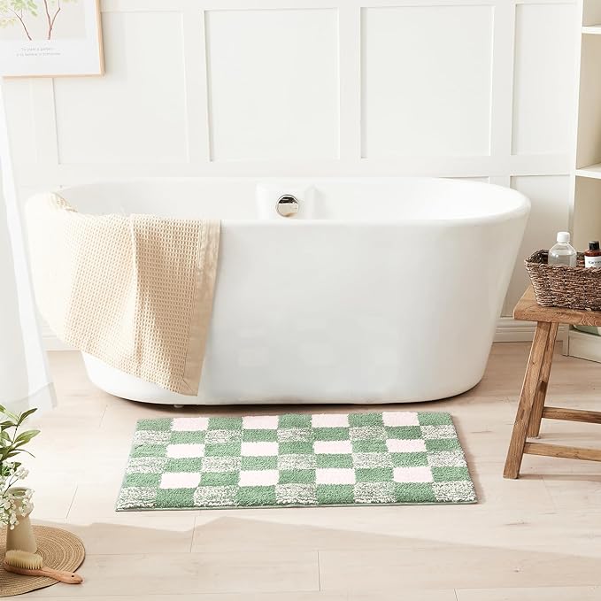 CozeCube Checkered Bath mats for Bathroom Non Slip, Plush Shaggy Bath Rugs for Bathroom Washable, Buffalo Plaid Bath mat, Sage Green, 36" x 24"