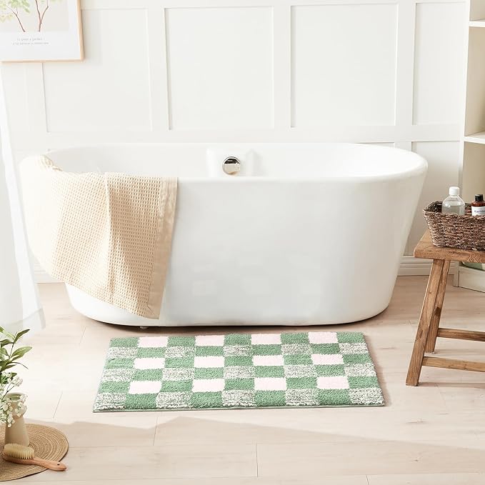 CozeCube Checkered Bath mats for Bathroom Non Slip, Plush Shaggy Bath Rugs for Bathroom Washable, Buffalo Plaid Bath mat, Sage Green, 47" x 24"