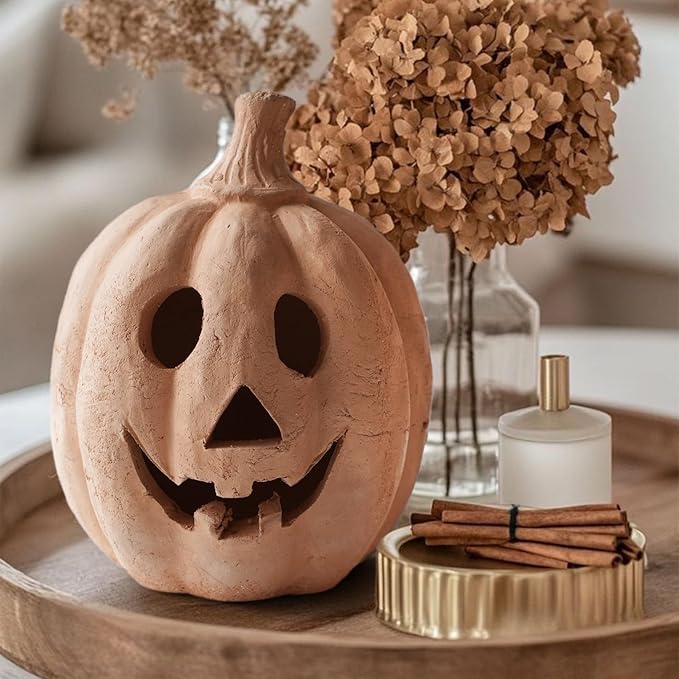 Fall Decor - Halloween Decorations - Handmade Terracotta Pumpkin Jack O' Lantern Outdoor Indoor - Cute Halloween Autumn Farmhouse Table Festival Decoration for Home Porch Front Door Mantel Room(Small)