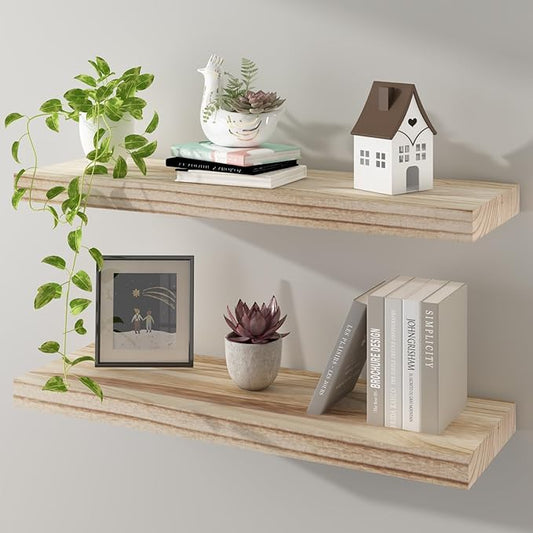 Floating Shelves 24 Inch Wall Shelf Solid Wood Mounted Storage for Bedroom Living Room Set of 2, Rustic Torched Wall Shelves