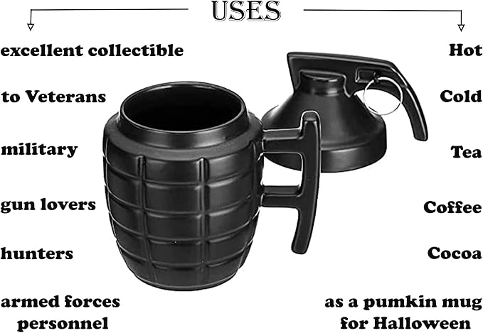 Caliber Gourmet Grenade Ceramic Large Coffee Mug with Lid (11.8oz), Great Tea Coffee Cup, fits K-Cup coffee makers, Travel, Camping Trips, Loved by Military, Veterans, Gun Lovers, Christmas Gift