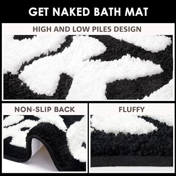 Irregular Shaped Get Naked Bath Mat - Fun, Cute Non-Slip Black & White Decor, 31" x 18"
