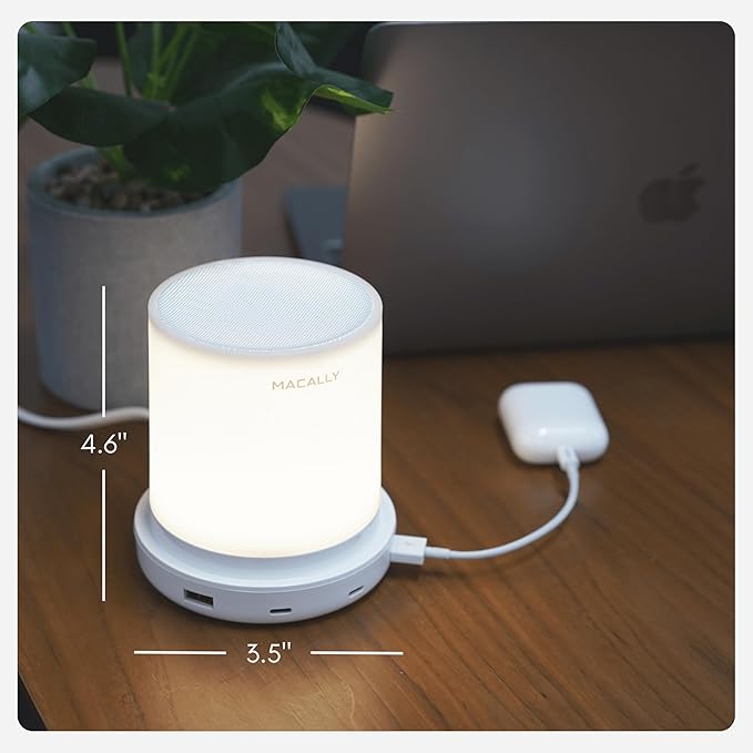 Macally Small Bedside Lamp with USB Ports (USB C + A) - Fast Charging Bedside Light and 3 Way Dimmable Touch Lamp for Nightstands - Great as a Night Light and Charger for Bedrooms