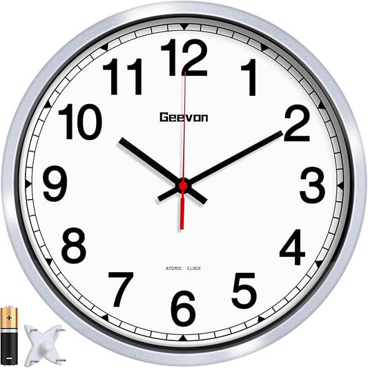 Geevon Atomic Wall Clock 14 Inch, Atomic Analog Wall Clocks Battery Operated, Large Digits Atomic Clock for/School/Classroom/Bedroom/Living Room/Office (Silver Frame)