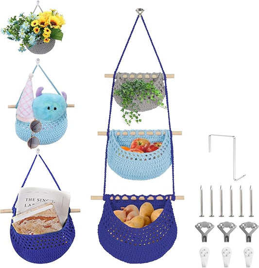 Hanging Baskets for Organizing, 3 Tier Detachable Wall Hanging Fruit Basket Over the Door Organizer for Vegetable Plant, Gray Blue Boho Crocheted Cotton Fruit Holder for Kitchen Bathroom Bedroom