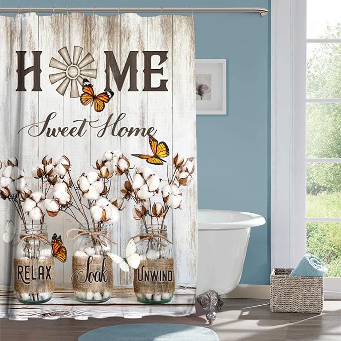 Rustic Farmhouse Shower Curtain Cotton Flowers Shower Curtains for Bathroom Decor Waterproof Polyester Fabric Relax Soak Unwind Floral Bathroom Curtain with Hooks 55x72 Inch