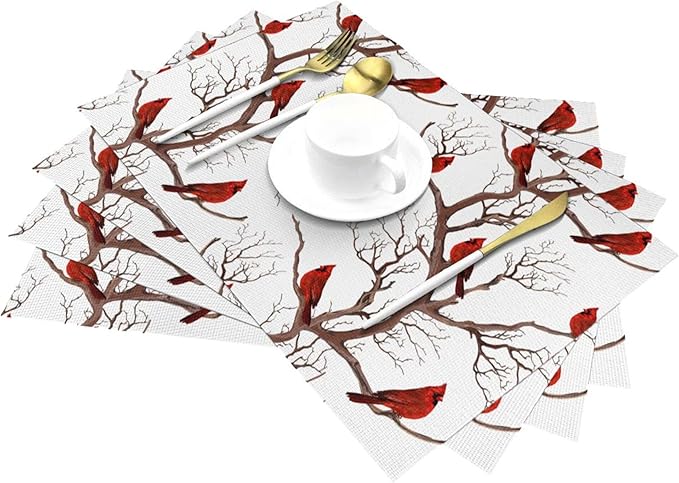 Winter Cardinal Christmas Placemats Set of 4, Red Decorative Place Mats 12x18 Inch Washable Heat Resistant Table Mats for Kitchen Dining Tables Holiday Party Farmhouse Home Decor