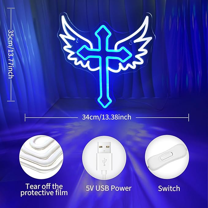 Cross Wings Neon Signs for Wall Decor White Blue LED Light Sign for Preppy Room Decor Light Up Sign for Birthday Party Decoration USB Powered