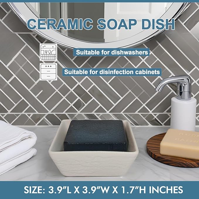 Ceramic Soap Dish, Vonpri Soap Holder Tray, Non-Slip Square Soapbox Container for Handmade Bar Bathroom Sink, Countertop, Shower Stone Texture (White)