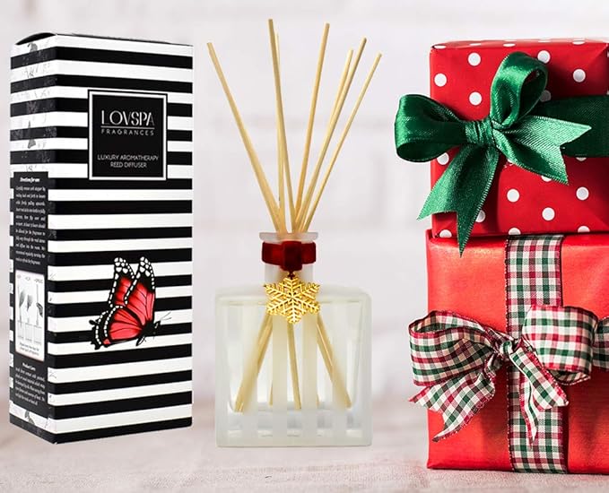 LOVSPA Holiday Reed Diffuser Gift Set - Evergreen, Pine, Red Currant & Juniper Berry Essential Oils - Holiday Scented Reed Diffuser for Large Rooms - Made in The USA