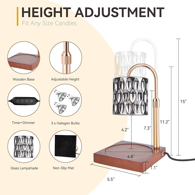 Candle Warmer Lamp with 3 Bulbs, Adjustable Height Dimmable Candle Warmer with Timer, Compatible with Large Jar Candles, Candle Lamp with Charming Gift Box Ribbon for Her/Him