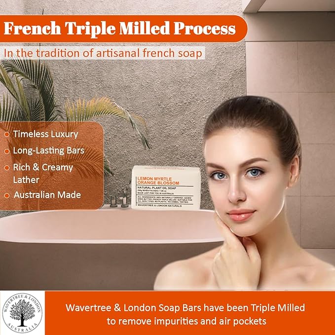 Wavertree & London Lemon Myrtle & Orange Blossom Scented Natural Soap Bars (2 Bars), 7oz Moisturizing French Triple Milled Soap enriched with shea butter - Bath & Body Soap [100% Naturally derived]