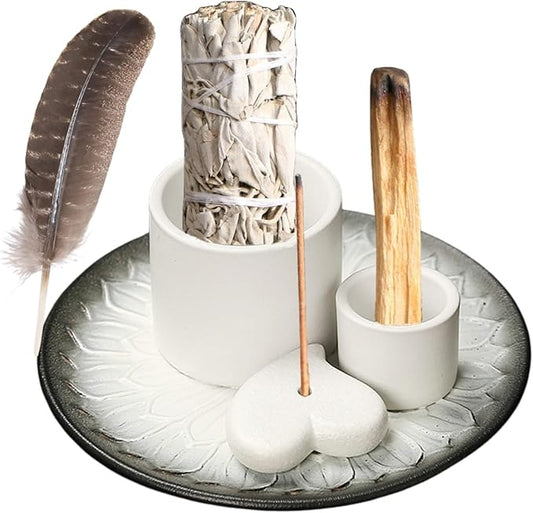 4 in 1 Incense Burner Holder,Incense Sage and Palo Santo Holder,Incense Stick Holder,Ceramic Incense Holder Ash Catcher,for Meditation Room (Black + White)
