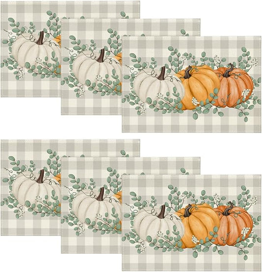 Artoid Mode Orange Pumpkins Eucalyptus Leaves Fall Placemats Set of 6, 12x18 Inch Seasonal Autumn Table Mats for Party Kitchen Dining Decoration