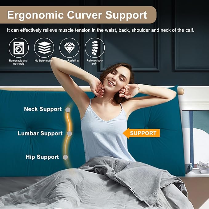 Large Triangular Headboard Pillows Long Backrest Positioning Support Bolster Cushion for Daybed Fluffy Quality Plush Body Wedge Pillow with Removable Cover(Navy blue-Queen-59x8x20in)