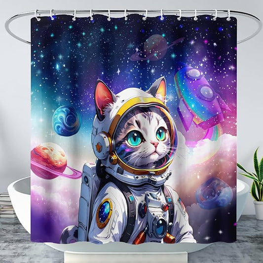 AILONEN Cartoon Astronaut Cat Shower Curtain Set for Kids Boys, Rainbow Rocket Waterproof Fabric Shower Curtain Curtain for Bathroom,Joyful Cat Galaxy Planet Shower Curtain Liner,72" W*72" H