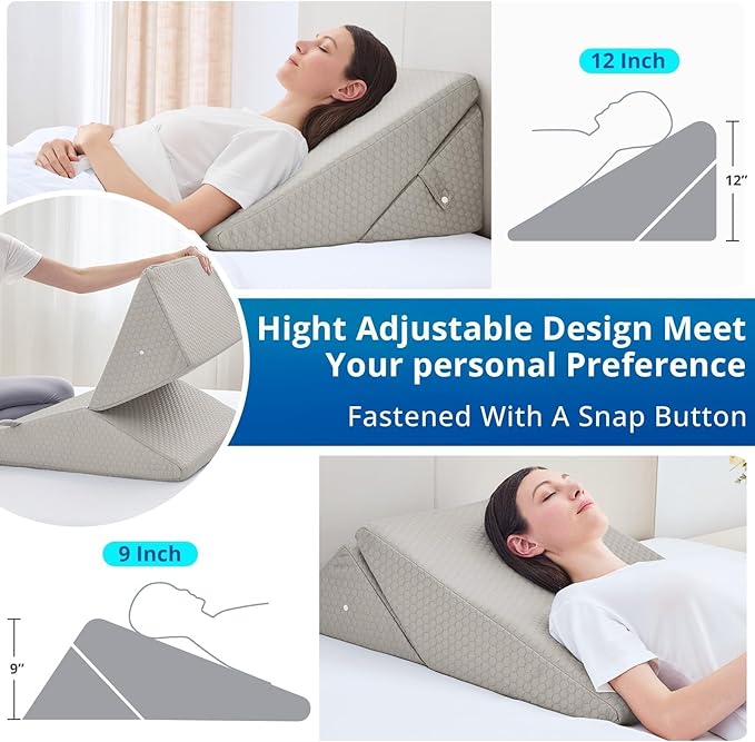 Sasttie Wedge Pillow for Sleep Apnea, 12 Inch Bed Wedge Pillow for Back Pain Relief, Adjustable Memory Foam Pillow Wedges for Sleeping Acid Reflux, Shoulder Pain Relief and Snoring, Light Grey