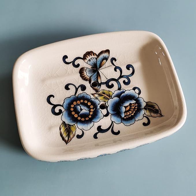 Ceramic Soap Dish Creative Ice Crack Ceramic Blue Butterfly and Flower Pattern Soap Dish Holder for Bathroom and Shower Soap Tray Box with Drain Gift for Mum Family