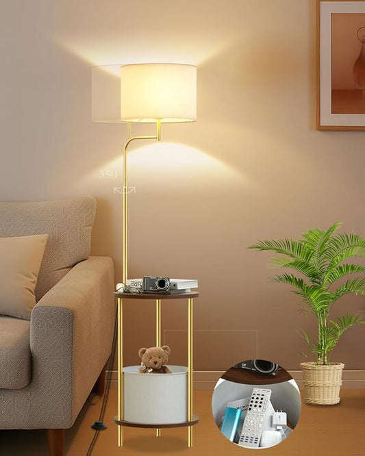 Lightdot Floor Lamp with Shelves, Mid Century Gold Standing Lamps with Bulb and Storage Bag Included, Farmhouse End Table with Lamp Attached for Living Room