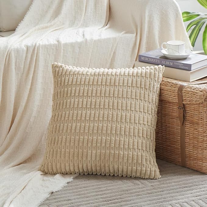 Fancy Homi 4 Packs Tan Decorative Throw Pillow Covers 16x16 Inch for Living Room Couch Bed Sofa, Beige Rustic Farmhouse Boho Home Decor, Soft Plush Striped Corduroy Square Cushion Case 40x40 cm