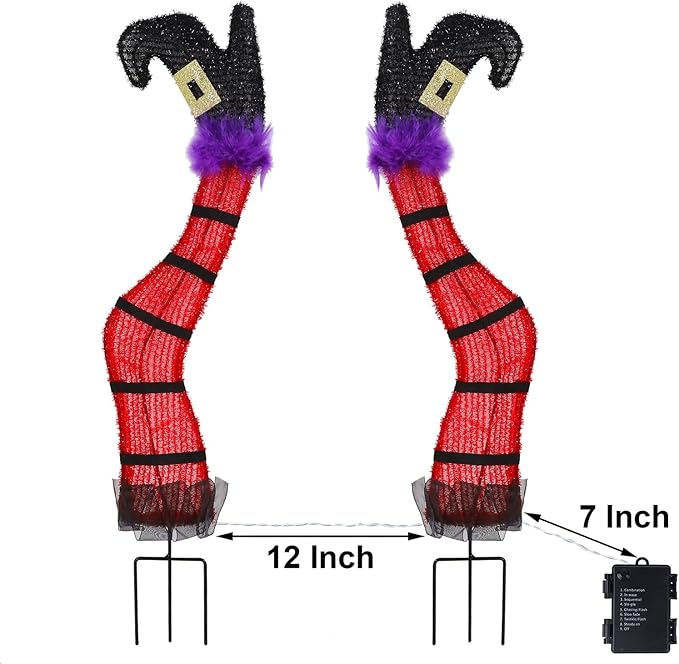 Juegoal Set of 2 Halloween Lighted Wicked Red Witch Legs with Stakes,22" Light Up Tinsel Halloween Yard Signs Prop Timer & 8 Modes, Battery Operated for Outdoor Party Haunted House Garden Decor