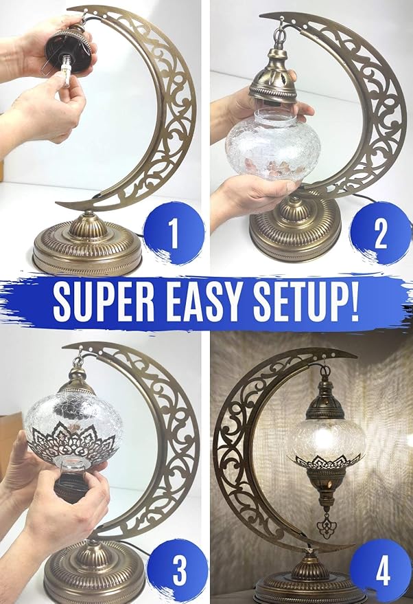 mozaist Turkish Lamp, Moon Shaped Mosaic Table Lamp, Tiffany Desk Bedside Stained Glass Lamp with US Plug and E12 Socket