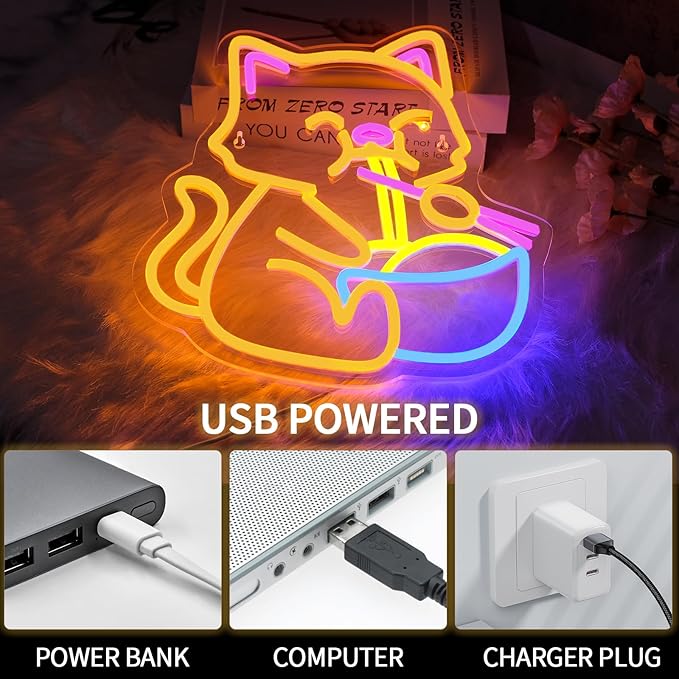 Cat Ramen Neon Sign for Wall Decor Dimmable Led Lights Signs Cat LED Signs for Home Bar Yellow Noodles Neon Light Room Decor for Bedroom Kitchen Restaurant Gift USB Powered