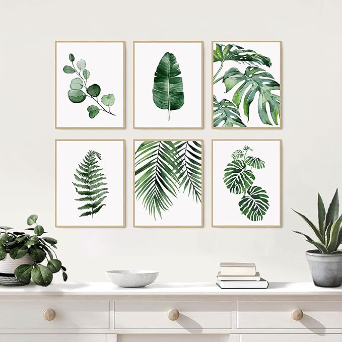 HoozGee Botanical Wall Art Prints Set of 6 Tropical Leaves Canvas Decor Plant Leaf Boho Wall Decor Pictures Green Boho Posters Art Set Bathroom Wall Art Decor (11"x14" UNFRAMED)