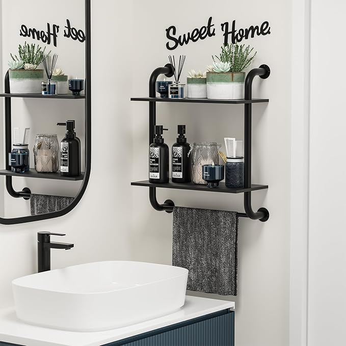 Bathroom Shelves Wall Mounted, Rustic Farmhouse Pipe Shelves, Wall Shelves 2-Tier, Industrial Pipe Shelving, Floating Shelf Decor for Bathroom, Kitchen, Bedroom, Living Room 17.3in Black