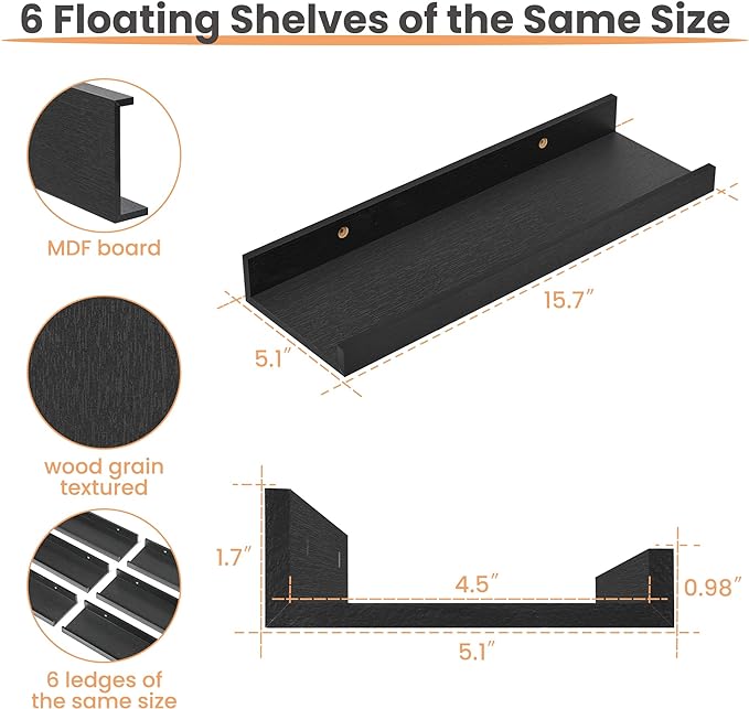 upsimples Floating Shelves for Wall, Wall Shelves for Decor Storage Set of 6, Wall Mounted Wood Shelves for Bedroom, Living Room, Bathroom, Kitchen, Picture Ledge Shelves, Black