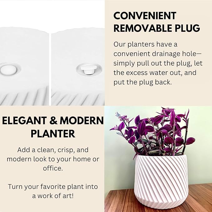 Fox & Fern 8 Inch Plant Pot with Drainage Plug — Premium Polystone White Plant Pot; Modern Planter with 3D Texture and Ceramic Finish; 8 Inch Pots for Plants Indoor & Outdoor; Lightweight