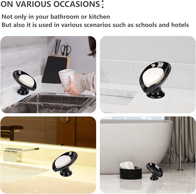 Soap Dish, Ceramic Soap Holder Self Draining Leaf Shape Bar Soap Holder, Marble Look Black Drain Soap Dish Holder for Bathroom, Easy to Clean Keeps Soap Dry, ANTIS'S HOME