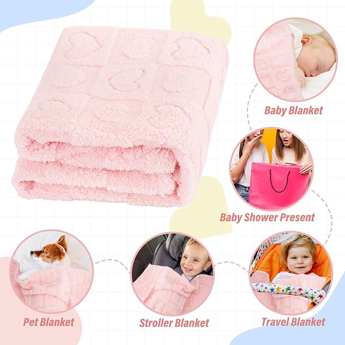 Plush Soft with Heart Checkered Baby Blanket,Fleece Infant Toddler Blankets for Girls Boys,Warm Lightweight Breathable Newborn Receiving Blankets for Crib Stroller 32"×37" (Light Pink, Heart)