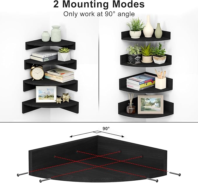 Alsonerbay Black Corner Wall Shelf, Floating Shelves Wall Mount Set of 4, Rustic Wood Shelves for Bedroom, Living Room, Bathroom, Entryway, Garage