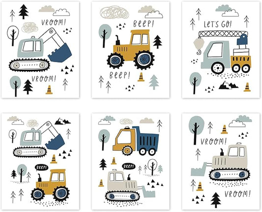 Canssape Set of 6 Baby Boy Nursery Wall Decor | 8"x10"Construction Room Decor for Boys | Truck Wall Art For Kids Room (Unframed)