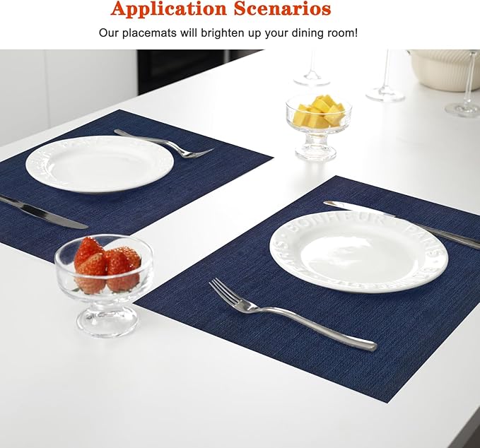 Placemats Set of 6,Washable,Heat and Stain Resistant Indoor/Outdoor Place mats, Vinyl Woven Non Slip Table Mats for Restaurant Table Protection, PVC Table Placemats.(Navy Blue, 6PCS)