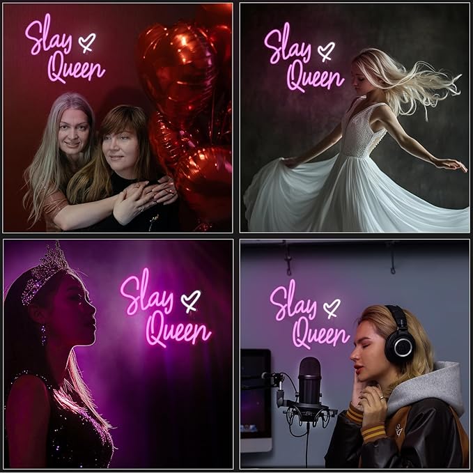 Slay Queen Neon Sign Pink Led Neon Signs Girls Bedroom Neon Lights For Wall Decor Dimmable Light Up Sign For Bar Party Preppy Room Y2k Club Decoration Teen Gifts (15.7 * 12.6in)