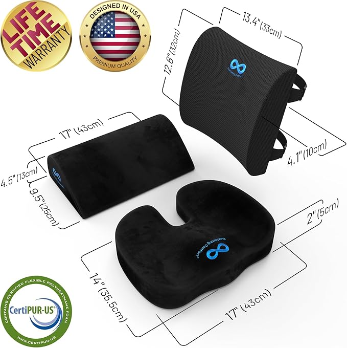 Everlasting Comfort Seat Cushion, Back Cushion, & Foot Rest Bundle - Memory Foam Office Chair Cushions for All-Day Comfort - Ideal for Work, Car, Desk