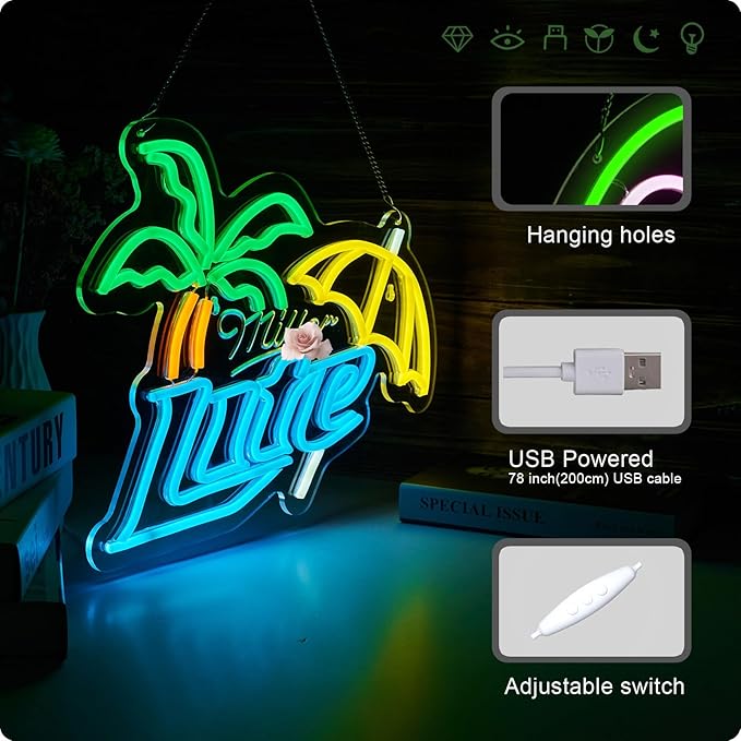 Beer M Neon Sign Beer Bar Led Light Palm Tree Neon Sign for wall decor USB Powered Dimmable Bar Wall Decor for Man Cave Home Pub Party Club Gifts (15.7x12.6 Inch)