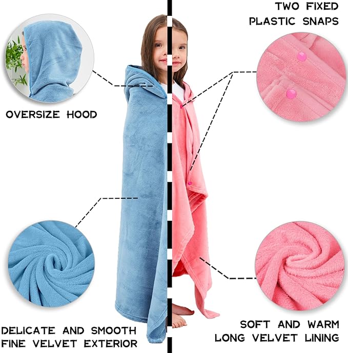 Hiturbo 2Pcs Kids Fleece Hooded Towel: Soft Plush Warm Blanket - 50"x30" Pool Beach Bath Swim Towel Wrap for 3-12 Yrs (Blue+Pink)