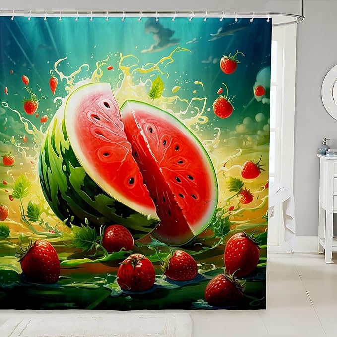 Feelyou Watermelon Shower Curtain Strawberry Fabric Shower Curtain for Kids Boys Girls Fruit Bathroom Waterproof Accessories with 12 Hooks Summer Curtains,72x84 Inches